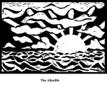 The Afterlife (2004). Block print. Appeared in Lorena Stookey (2004), 'Thematic Guide to World Mythology', Greenwood Press, Westport, Connecticut.