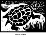 Animals in Myth (2004). Block print. Appeared in Lorena Stookey (2004), 'Thematic Guide to World Mythology', Greenwood Press, Westport, Connecticut.
