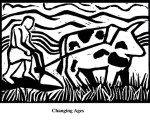 Changing Ages (2004). Block print. Appeared in Lorena Stookey (2004), 'Thematic Guide to World Mythology', Greenwood Press, Westport, Connecticut.