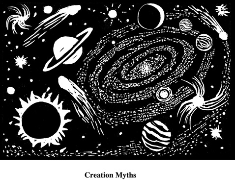 Creation Myths (2004). Block print. Appeared in Lorena Stookey (2004), 'Thematic Guide to World Mythology', Greenwood Press, Westport, Connecticut.