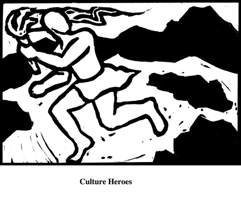 Culture Heroes (2004). Block print. Appeared in Lorena Stookey (2004), 'Thematic Guide to World Mythology', Greenwood Press, Westport, Connecticut.
