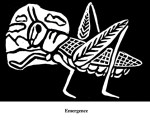Emergence (2004). Block print. Appeared in Lorena Stookey (2004), 'Thematic Guide to World Mythology', Greenwood Press, Westport, Connecticut.