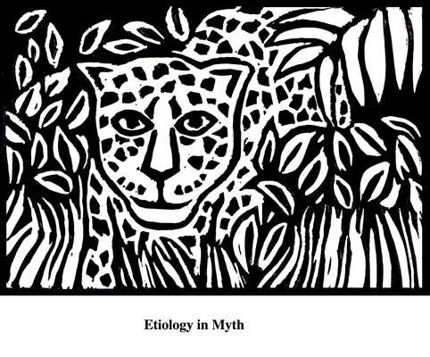 Etiology in Myth (2004). Block print. Appeared in Lorena Stookey (2004), 'Thematic Guide to World Mythology', Greenwood Press, Westport, Connecticut.