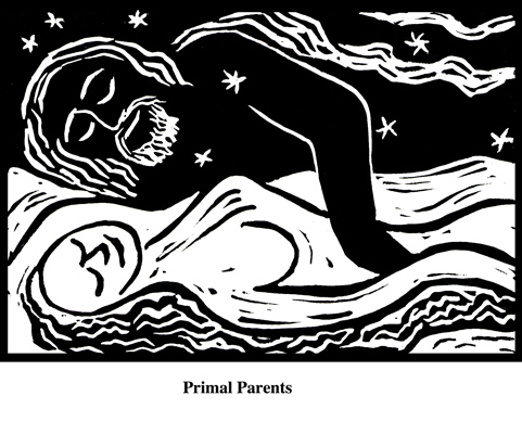 Primal Parents (2004). Block print. Appeared in Lorena Stookey (2004), 'Thematic Guide to World Mythology', Greenwood Press, Westport, Connecticut.
