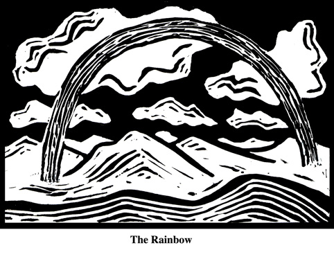 Rainbow (2004). Block print. Appeared in Lorena Stookey (2004), 'Thematic Guide to World Mythology', Greenwood Press, Westport, Connecticut.