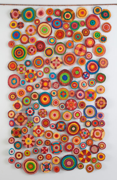 Sewing Circles (2013): Side 1. 84" x 54". Oil on canvas with copper wire.