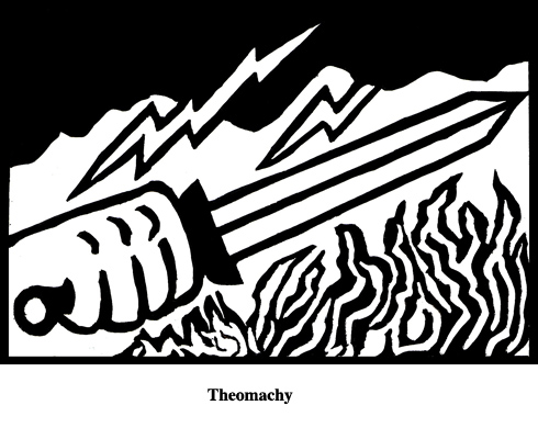 Theomachy (2004). Block print. Appeared in Lorena Stookey (2004), 'Thematic Guide to World Mythology', Greenwood Press, Westport, Connecticut.