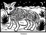 Tricksters (2004). Block print. Appeared in Lorena Stookey (2004), 'Thematic Guide to World Mythology', Greenwood Press, Westport, Connecticut.