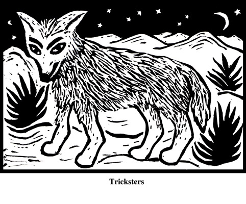 Tricksters (2004). Block print. Appeared in Lorena Stookey (2004), 'Thematic Guide to World Mythology', Greenwood Press, Westport, Connecticut.