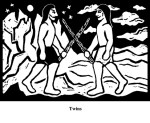 Twins (2004). Block print. Appeared in Lorena Stookey (2004), 'Thematic Guide to World Mythology', Greenwood Press, Westport, Connecticut.