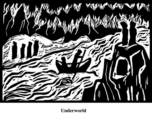 Underworld (2004). Block print. Appeared in Lorena Stookey (2004), 'Thematic Guide to World Mythology', Greenwood Press, Westport, Connecticut.