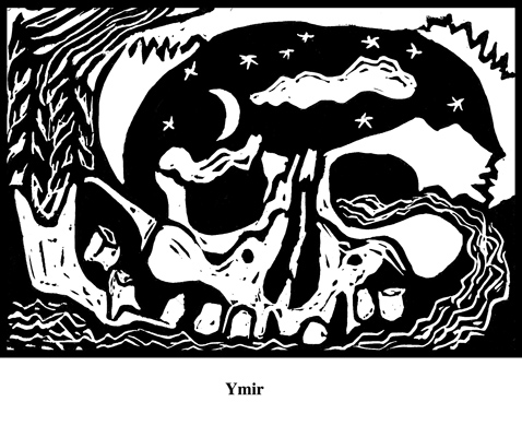 Ymir (2004). Block print. Appeared in Lorena Stookey (2004), 'Thematic Guide to World Mythology', Greenwood Press, Westport, Connecticut.