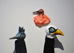 Kingfisher, Hummingbird, and Eagle. Papier mâché and fabric.