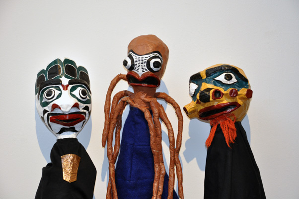 Kumugwe, Octopus, and Yagim. Papier mâché, fabric, and metal.